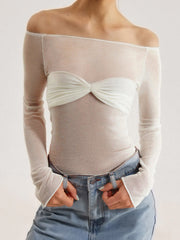 Semi-Sheer Off-Shoulder Mesh Long Sleeve Shirt