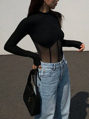 Sheer Mesh Combination Long Sleeve Top