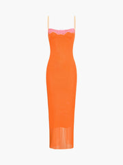 Semi-Sheer Mesh Lace Trim Long Dress