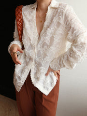 Semi-Sheer Jacquard Floral Collared Shirt