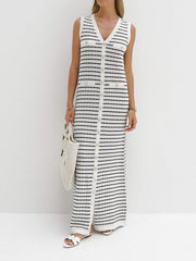 Striped Metal Button Long Sweater Dress