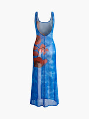 Semi-Sheer Floral Backless Split Dress