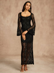 Semi-Sheer Lace Bell Sleeve Lined Dress
