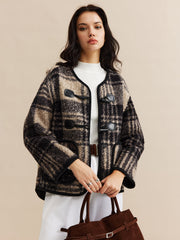 Contrast Trim Checked Tweed Coat