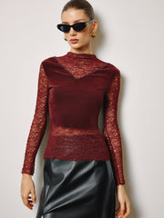 Semi-Sheer Rhinestone Velvet Panel Lace Slim Top
