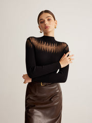 Mock Neck Sheer Panel Knit Top