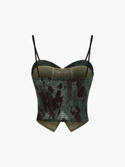 Semi-Sheer Button Detail Velvet Floral Cami Top