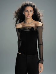 3D Flower Off-Shoulder Sheer Mesh Panel T-Shirt