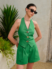 Halter Button Top Shorts Set