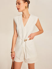 Belted V-Neck Sleeveless Vest