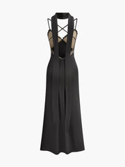 Backless Long-Ribbon Lace Panel Satin Cami Dress