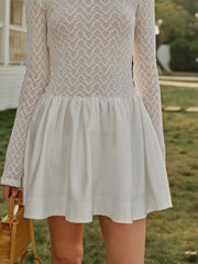 Semi-Sheer Lace Satin Panel Long Sleeve Dress