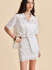 Semi-Sheer Cotton Eyelet Embroidered Skirt Set