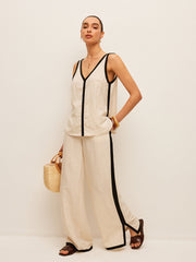 Cotton & Linen Contrast Trim V-Neck Pants Set