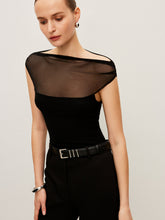 Semi-Sheer Mesh Panel Boat Neck T-Shirt