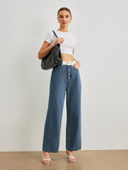 Mid-Waist Contrast Trim Denim Jeans