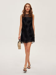 Semi-Sheer Floral Embroidery Mesh Double Layer Sleeveless Dress