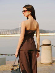 Cotton & Linen Strapless Peplum Top With Tie