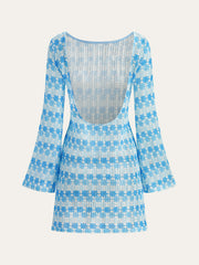 Semi-Sheer Backless Crochet Dress with Flared Sleeves