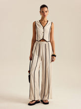 Linen & Cotton Striped Pants Set With Elastic Waist
