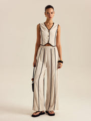 Linen & Cotton Striped Pants Set With Elastic Waist