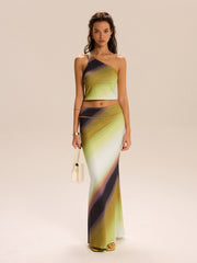 Gradient Print One-Shoulder Skirt Set
