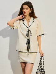 Contrast Trim Tie-Front Skirt Set
