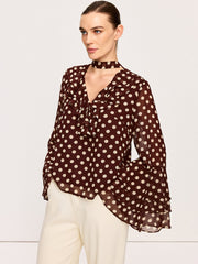 Semi-Sheer Polka Dot Bell-Sleeve Chiffon Blouse