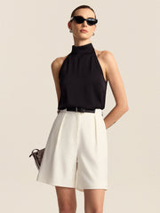 Belted Pleated Mid-Waisted Shorts