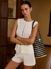 Semi-Sheer Crochet Knit Button-Front Vest