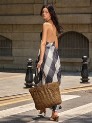 Checkered Halter Backless Maxi Dress