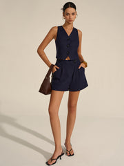 Sleeveless V-Neck Blazer Vest and Shorts Set