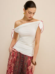 Off-Shoulder Contrast Trim Knotted Top