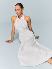 Pocketed Halter Neck Embroidered Dress with Non-Belted