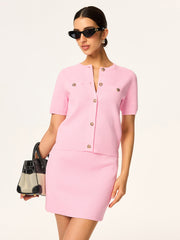 Knit Short-Sleeve Cardigan and Skirt Set