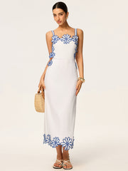 Semi-Sheer Floral Embroidery Back Bow Maxi Dress