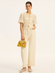 Semi-Sheer Jacquard Metal Button Cotton-Blend Top