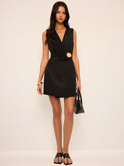 Sleeveless Wrap Mini Dress with Metal Buckle Belt
