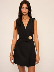 Sleeveless Wrap Mini Dress with Metal Buckle Belt