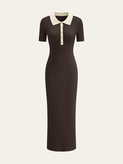Contrast Collar Cable-Knit Midi Dress