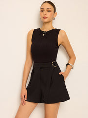 Mid-Waisted Shorts with Metal Buckle Detail