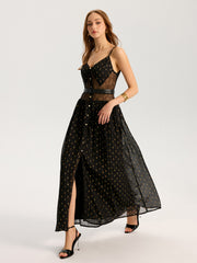 Semi-Sheer Lace Panel Slit Maxi Dress with Belt