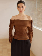 Off-Shoulder Ruched Top with Ruffled Sleeves