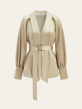 Belted Volume-Sleeve Jacket with Cloth Button