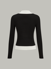 Contrast Collar Ribbed Knit Cardigan