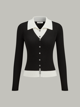 Contrast Collar Ribbed Knit Cardigan