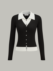 Contrast Collar Ribbed Knit Cardigan