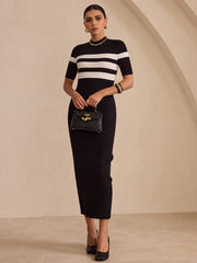 Contrast Striped Short Sleeve Ribbed Midi Dress