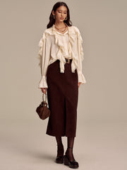 Ruffled Lace Trim Bell Sleeve Shirt
