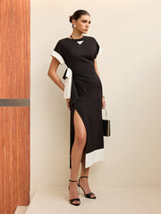 Contrast Trim Bow Slit Midi Dress
